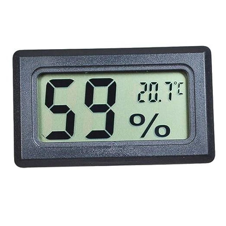 Elektroniczny termometr i higrometr z czytelnym wyświetlaczem LCD, przeznaczony do kontroli temperatury i wilgotności w domu, warsztacie, akwarium lub obudowie.