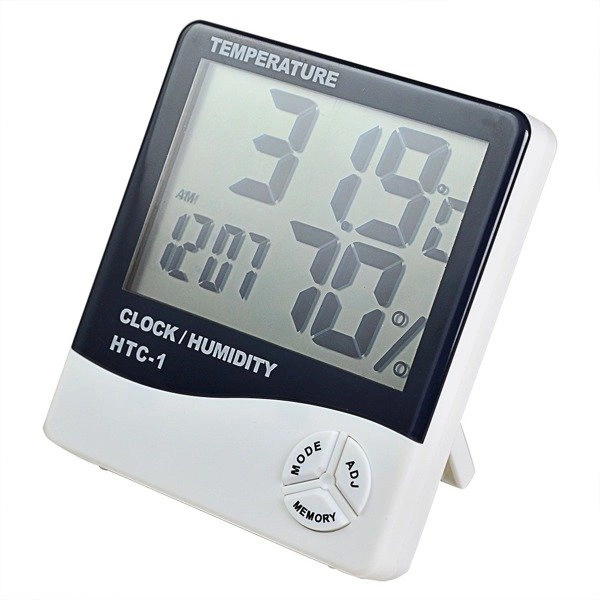 Termometr i higrometr LCD z dużym wyświetlaczem, zegarem, alarmem i kalendarzem, przeznaczony do pomiaru temperatury oraz wilgotności powietrza w pomieszczeniach.