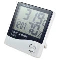 Termometr i higrometr LCD z dużym wyświetlaczem, zegarem, alarmem i kalendarzem, przeznaczony do pomiaru temperatury oraz wilgotności powietrza w pomieszczeniach.