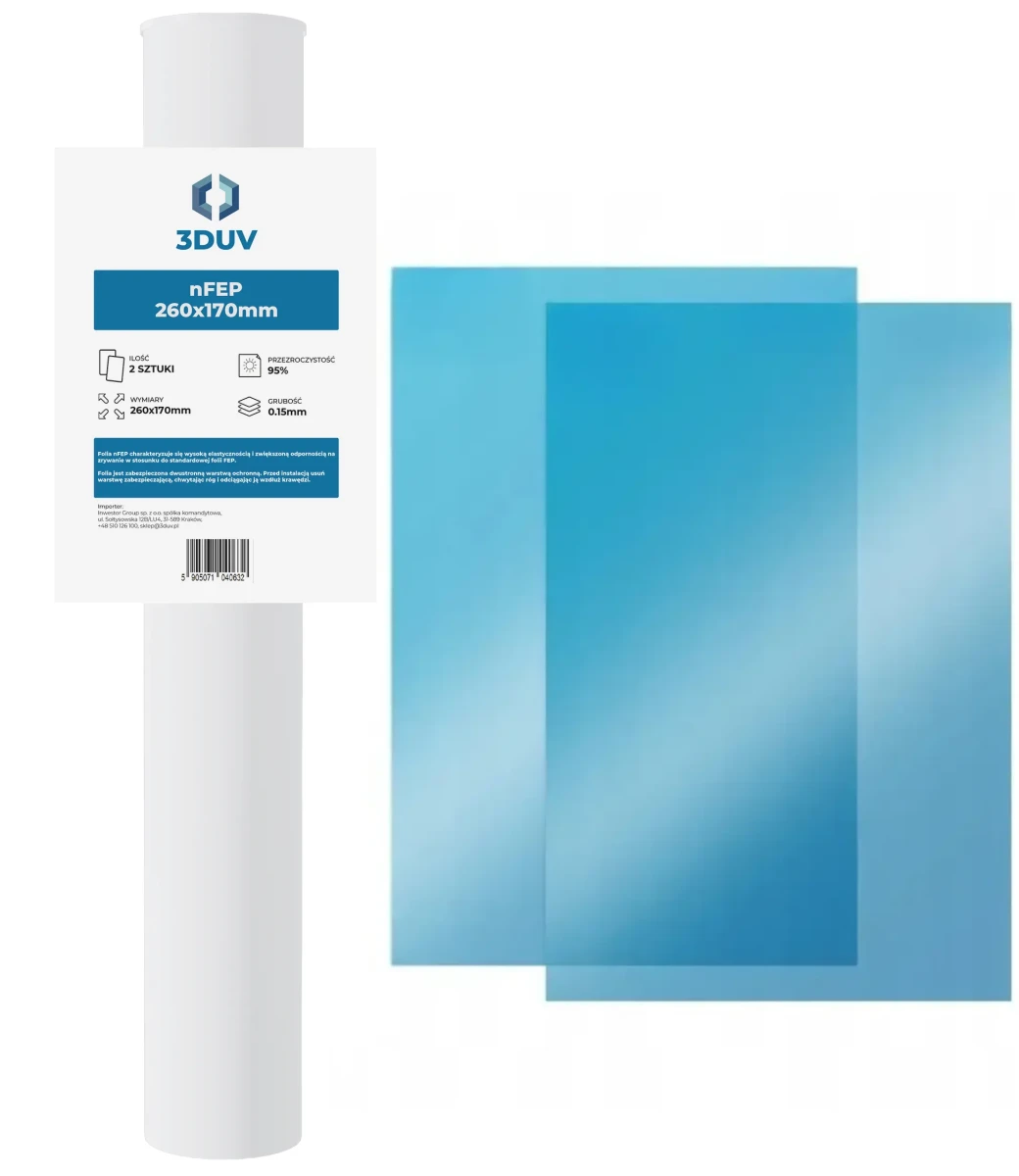 Folia nFEP 3DUV 260x170 mm 2 szt – ulepszona folia do drukarki żywicznej 3D MSLA LCD/DLP, niższa przyczepność i stabilny druk z żywic UV