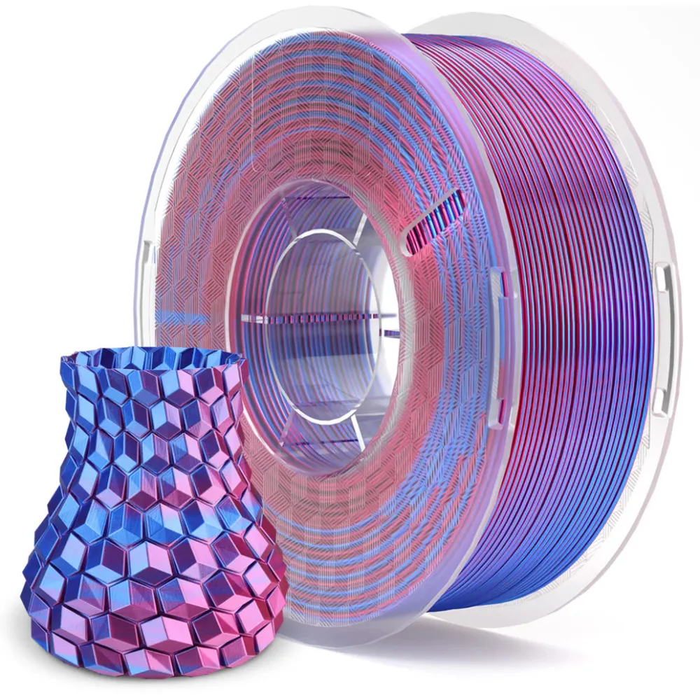 Filament Elegoo PLA Silk Blue Purple 1kg - jedwabisty filament do drukarki 3D FDM z efektem niebiesko-fioletowego połysku i gładkim wykończeniem modeli.