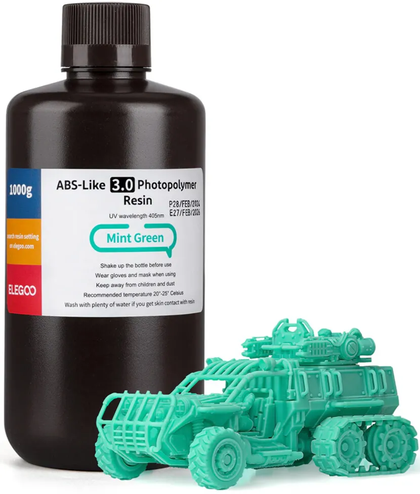 Żywica UV Elegoo ABS-Like 3.0 Mint Green 1kg do drukarki 3D LCD DLP – miętowa żywica techniczna o wysokiej wytrzymałości i precyzyjnym odwzorowaniu detali.