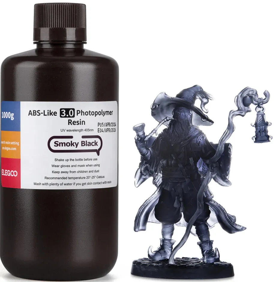 Żywica UV Elegoo ABS-Like 3.0 Smoky Black 1kg do drukarki 3D LCD DLP – wytrzymała techniczna żywica o wysokiej odporności na uderzenia i precyzyjnym odwzorowaniu detali.