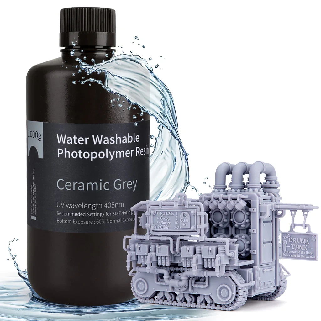 Żywica UV Elegoo Water Washable Ceramic Grey 1kg do drukarki 3D LCD DLP – wodna żywica o wysokiej precyzji, gładkiej powierzchni i łatwym czyszczeniu bez IPA.