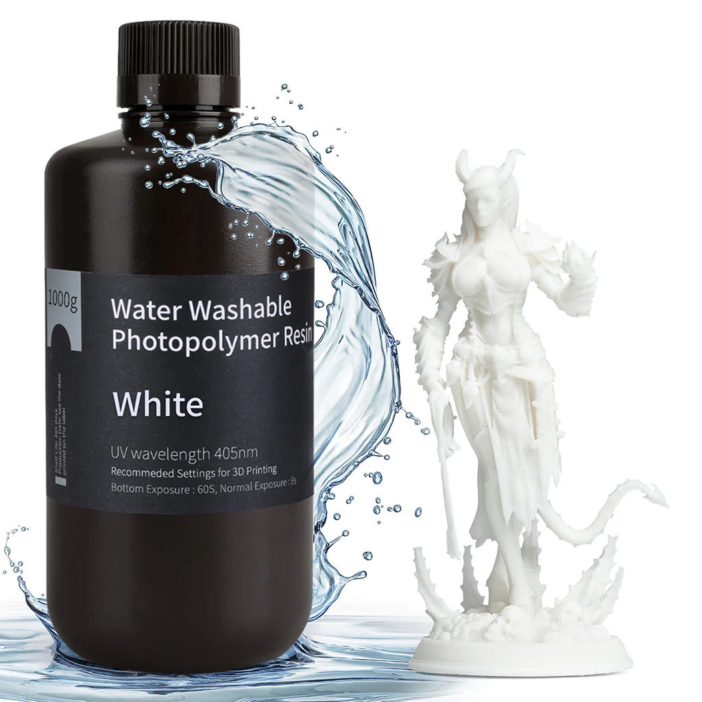 Żywica UV Elegoo Water Washable White 1kg do drukarki 3D LCD DLP – biała żywica z możliwością mycia wodą, wysoka precyzja i gładkie wydruki.