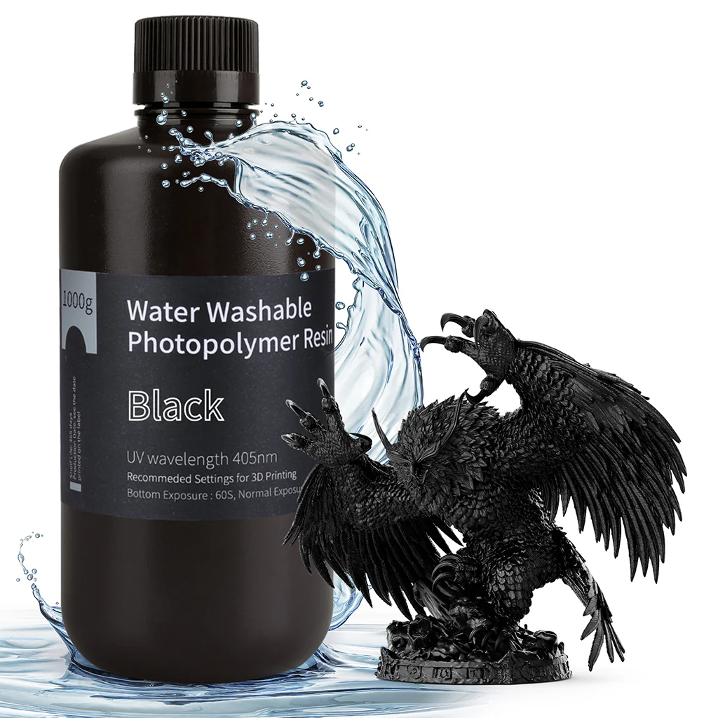 Żywica UV Elegoo Water Washable Black 1kg do drukarki 3D LCD DLP – czarna żywica z możliwością mycia wodą, wysoka precyzja i gładkie wydruki.