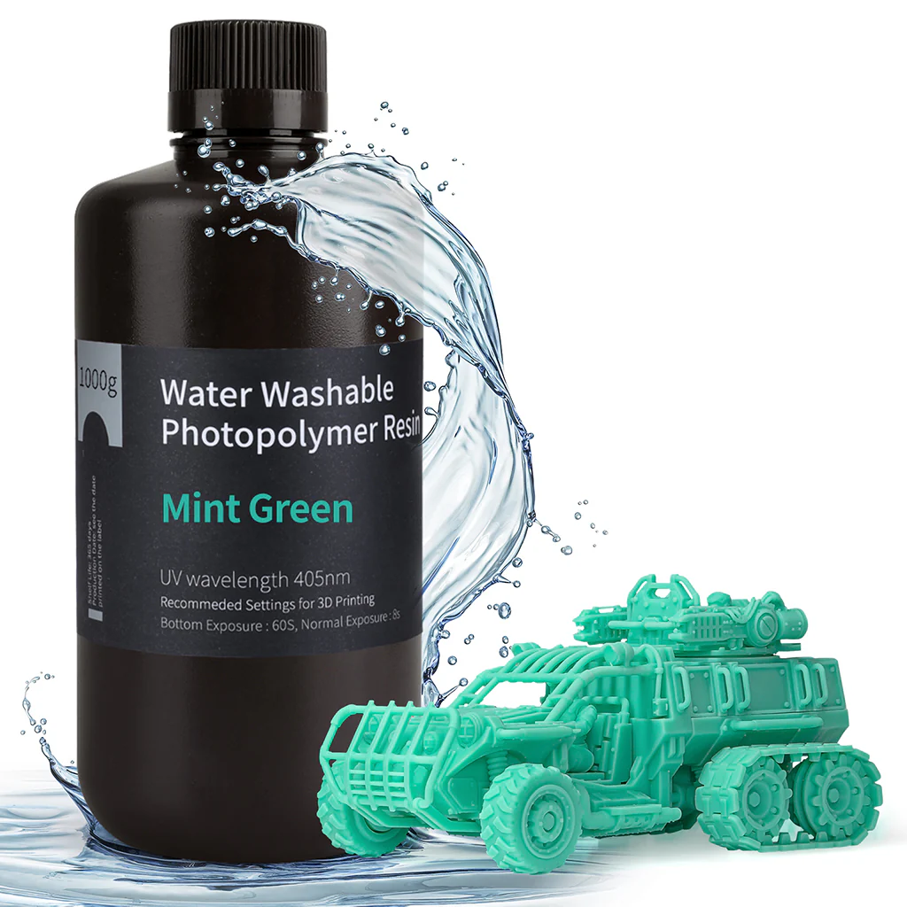 Żywica UV Elegoo Water Washable Mint Green 1kg do drukarki 3D LCD DLP – miętowa żywica z możliwością mycia wodą, wysoka precyzja i gładkie wydruki.