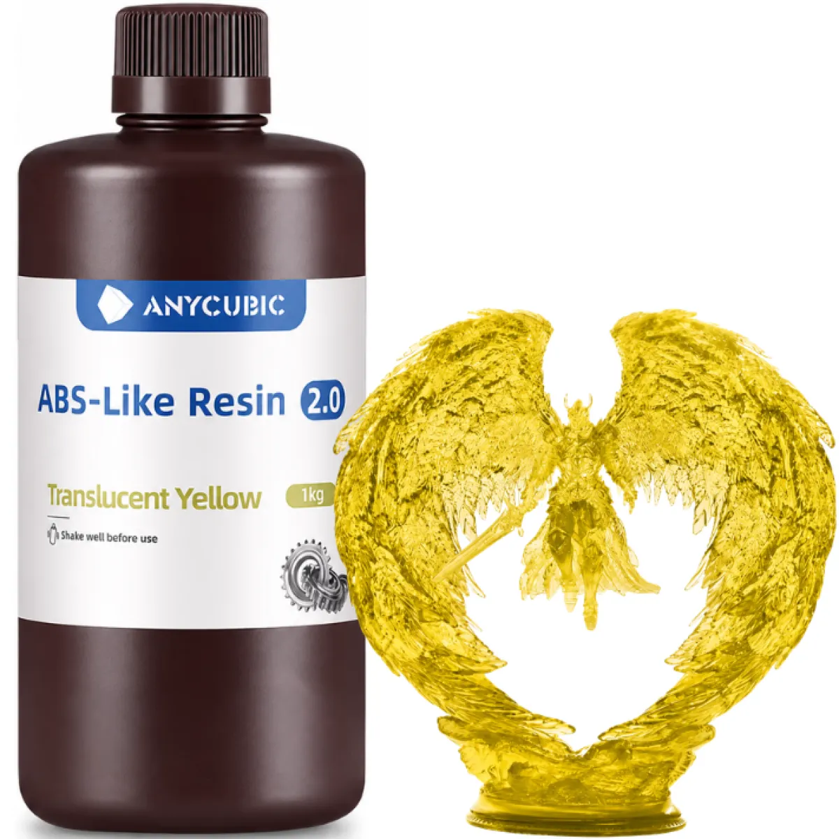 Żywica Anycubic ABS-Like 2.0 Translucent Yellow 1kg do drukarek 3D LCD i DLP zapewniająca wysoką wytrzymałość oraz transparentny żółty efekt wydruków.