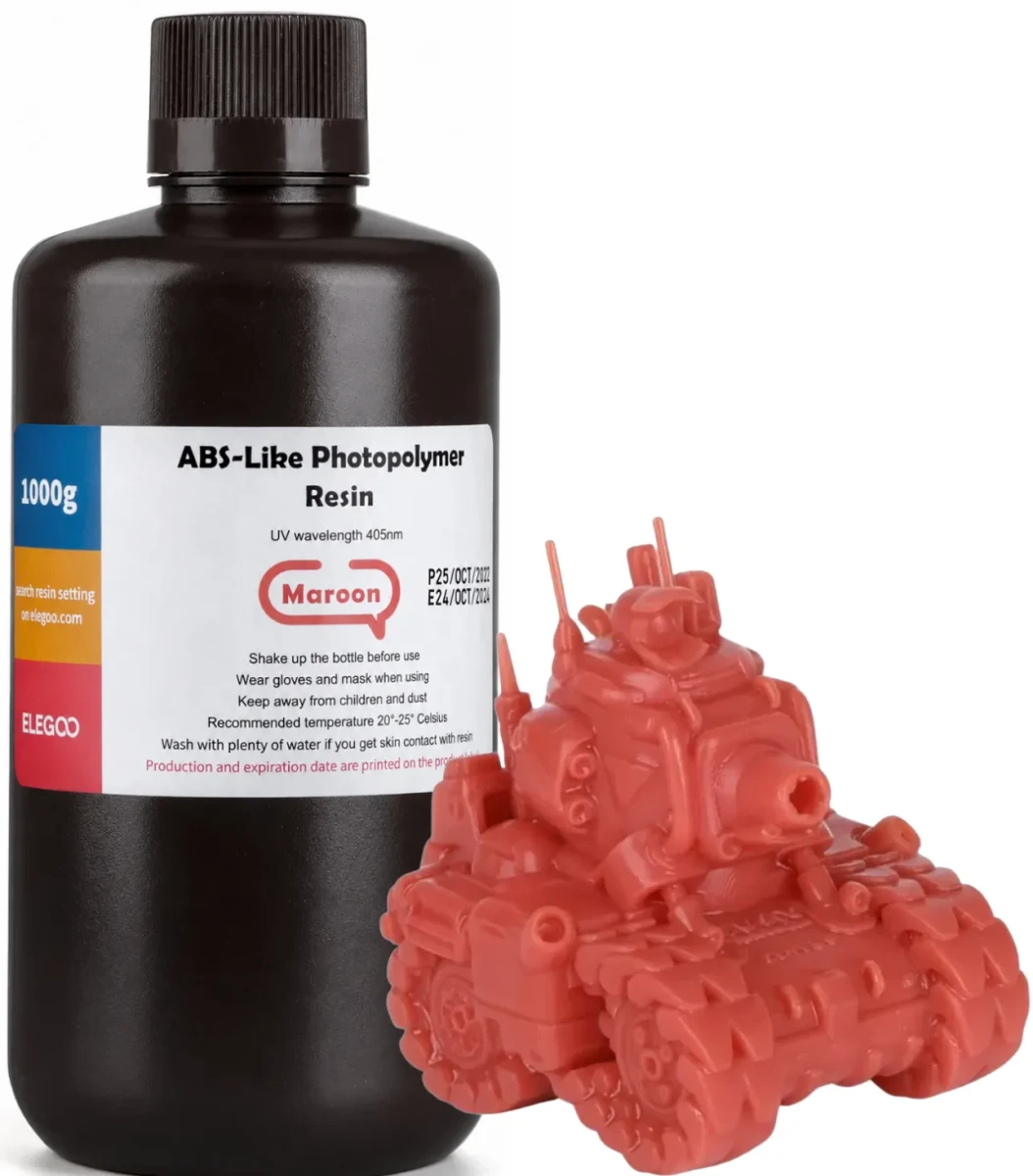Elegoo ABS-Like Maroon 1kg - wytrzymała żywica UV do drukarek LCD DLP SLA o właściwościach zbliżonych do ABS, zapewniająca wysoką odporność mechaniczną i precyzyjne odwzorowanie detali.