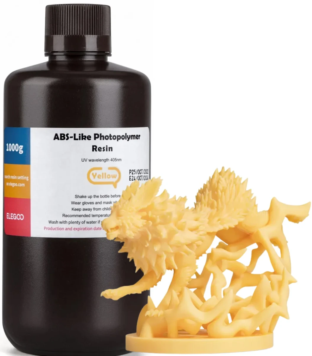 Elegoo ABS-Like Yellow 1kg - wytrzymała żółta żywica UV do drukarek LCD DLP SLA, zapewniająca wysoką szczegółowość modeli i właściwości zbliżone do plastiku ABS.