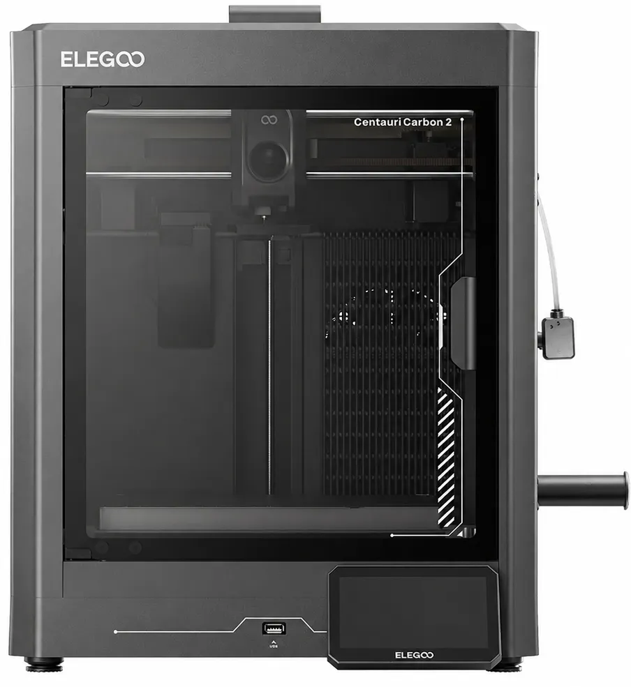 Drukarka 3D Elegoo Centauri Carbon 2, szybkie urządzenie FDM z obszarem roboczym 256 × 256 × 256 mm, zamkniętą komorą i automatyczną kalibracją.