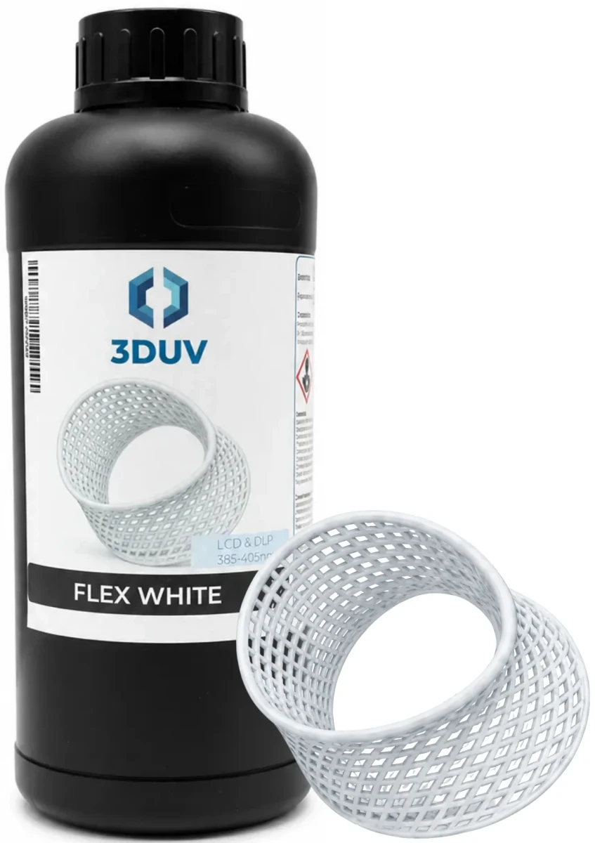 Żywica 3DUV Flex White 1kg / 1l w kolorze białym, elastyczna żywica do druku 3D UV/LCD przeznaczona do modeli o właściwościach zbliżonych do gumy.