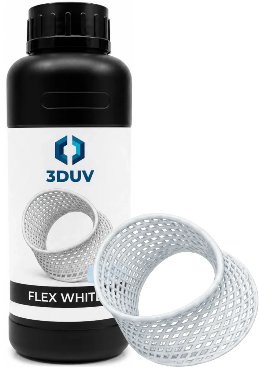Żywica 3DUV Flex White 0.5kg / 0.5l to biała elastyczna żywica do druku 3D UV/LCD, przeznaczona do tworzenia sprężystych modeli, prototypów, osłon i części użytkowych o właściwościach zbliżonych do gumy.