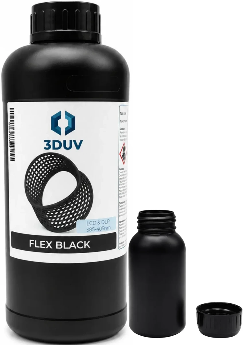 Czarna żywica elastyczna 3DUV Flex 0.1kg do drukarek 3D żywicznych, odpowiednia do testów materiału, prototypów, osłon i sprężystych części użytkowych.