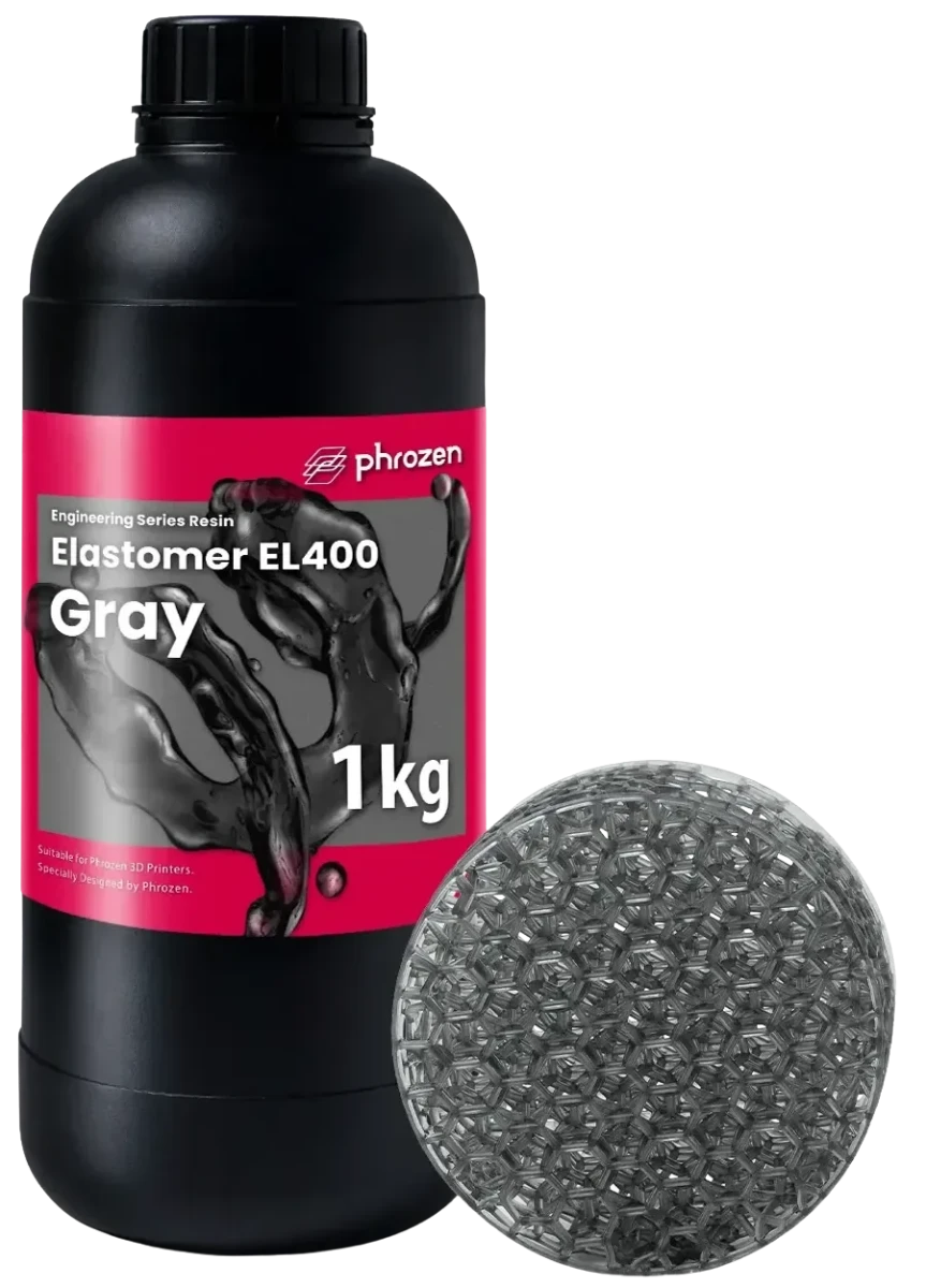 Żywica UV Phrozen Elastomer EL400 Grey 1 kg 1 l – elastyczna, gumopodobna żywica do drukowania funkcjonalnych i odkształcalnych elementów 3D.