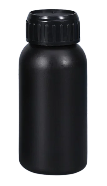 Czarna butelka 100 ml na żywicę UV – plastikowy pojemnik z zakrętką do przechowywania żywic fotopolimerowych, ograniczający dostęp światła i ryzyko przedwczesnego utwardzania materiału.