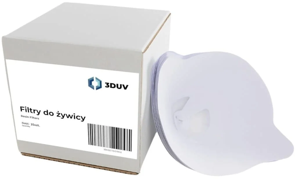 Zestaw 25 papierowych filtrów do żywicy UV – jednorazowe filtry przeznaczone do usuwania zanieczyszczeń i drobnych fragmentów częściowo utwardzonej żywicy po zakończeniu drukowania 3D.